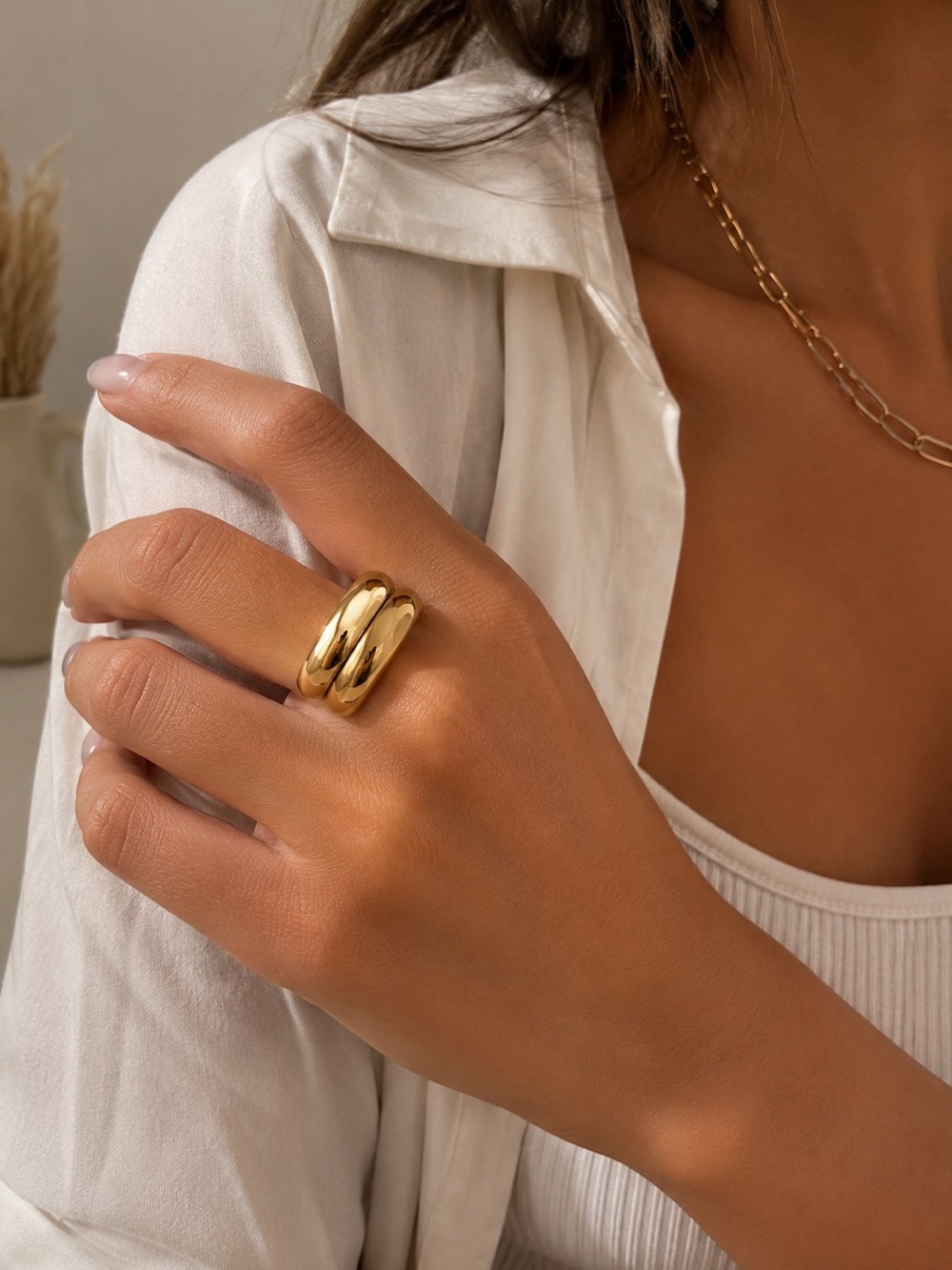 Chunky Gold Dome Ring Waterproof Statement Band Size 6